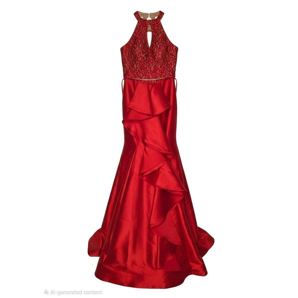 red‎ halterneck mermaid dress high-neck bodice gold embroidery